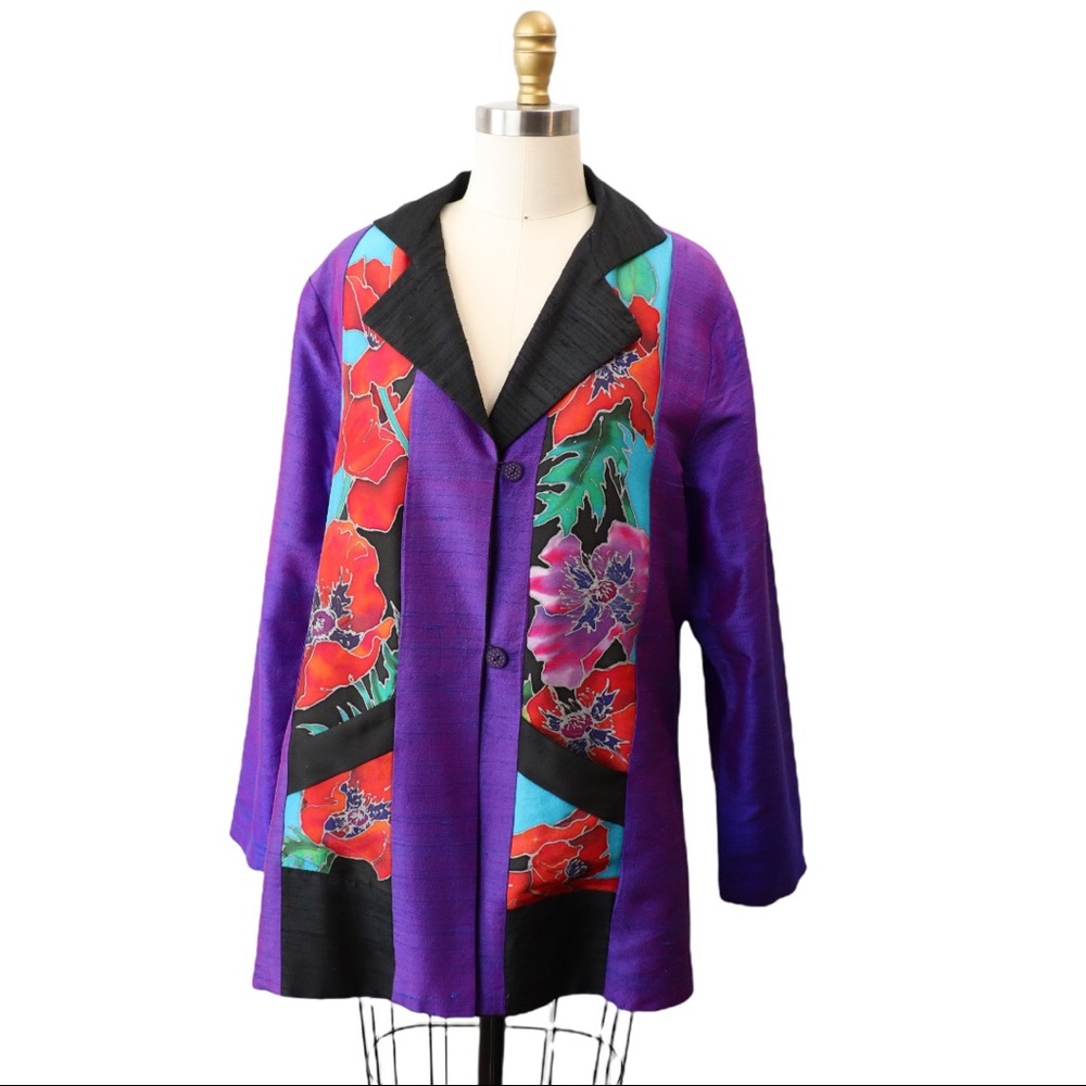Vintage 90's Hand-Painted Dupioni Silk Reversible Jacket By San Juan Silks